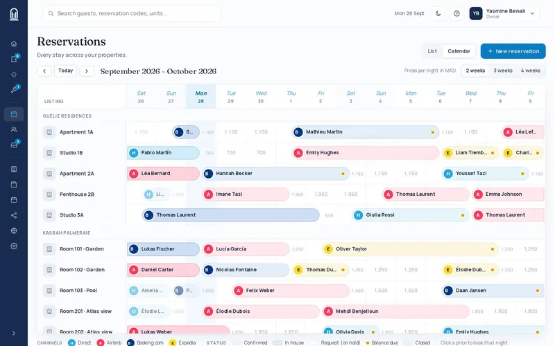 Calendrier des réservations Hosteo par logement, avec le canal de chaque séjour : Airbnb, Booking.com, Expedia ou direct