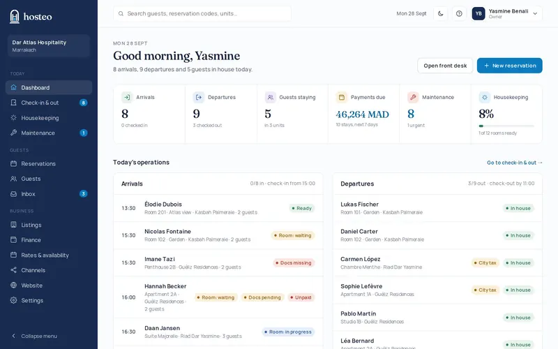 Tableau de bord Hosteo : arrivées, départs, paiements dus, ménage et maintenance du jour