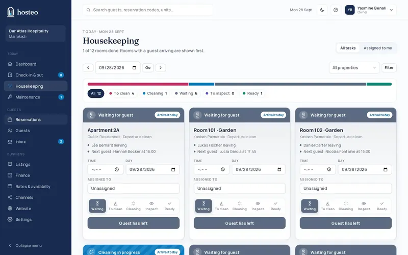 Tableau de ménage Hosteo avec le statut de chaque chambre : à faire, en cours, inspectée, prête