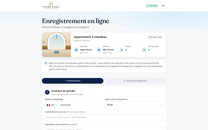 Formulaire d’enregistrement en ligne d’Hosteo : dates du séjour, numéro WhatsApp et heure d’arrivée du voyageur