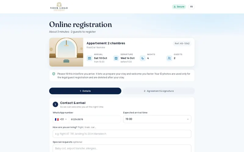 Hosteo online registration form: stay dates, the guest’s WhatsApp number and arrival time